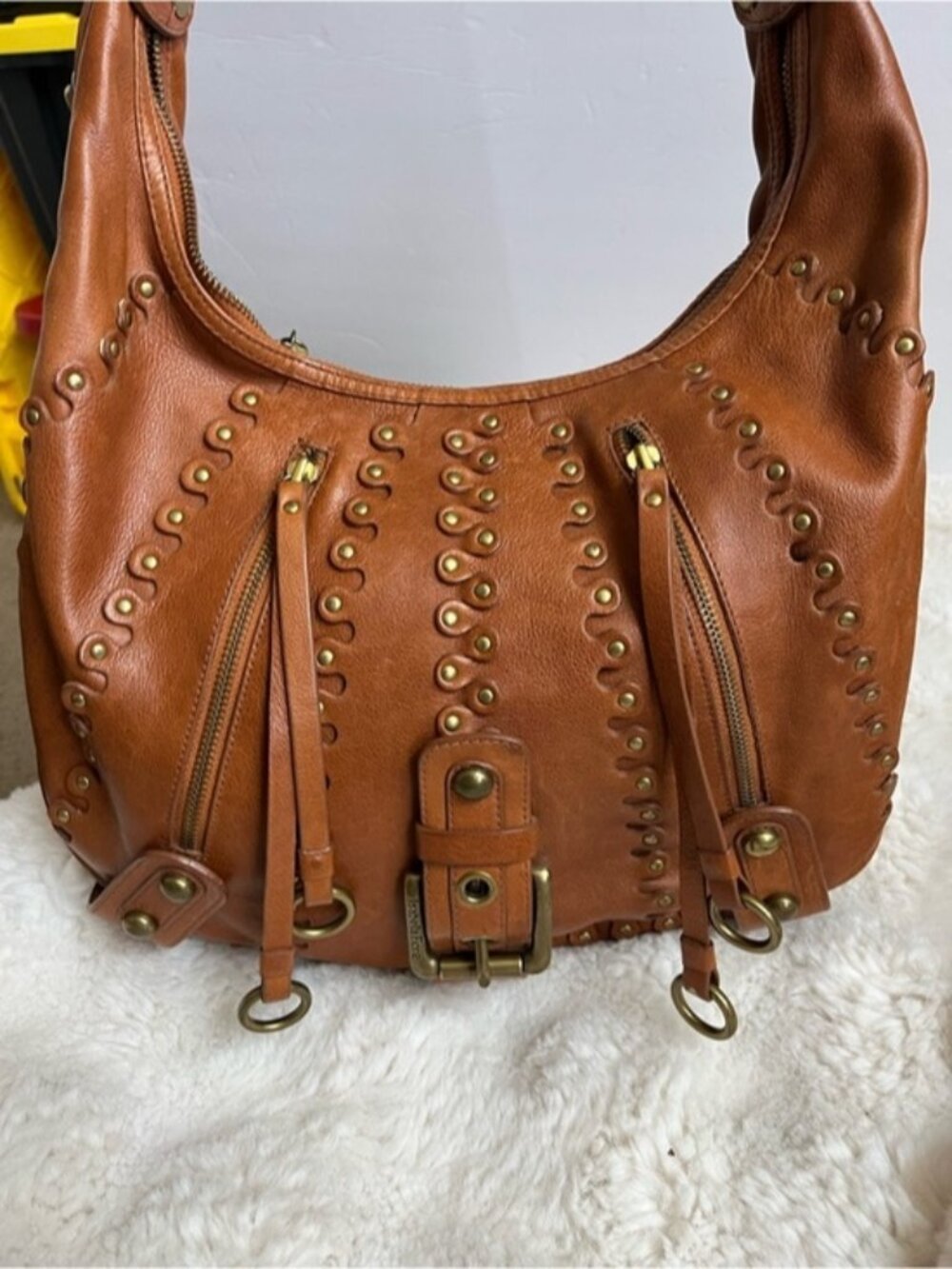 Isabella Fiore Brown Leather Studded Metal of Honor Shoulder Bag Y2K Purse
